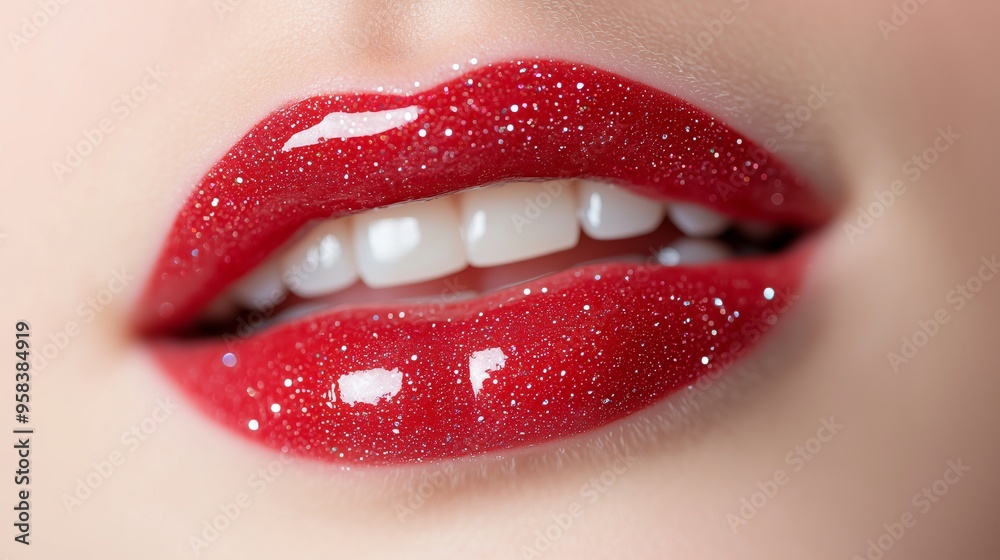 Close-up of glossy red lips covered in sparkling glitter, symbolizing elegance, boldness, and statement of beauty. Makeup advertisement concept Close-up of glossy red lips covered in sparkling glitter, symbolizing elegance, boldness, and statement of beauty. Makeup advertisement concept