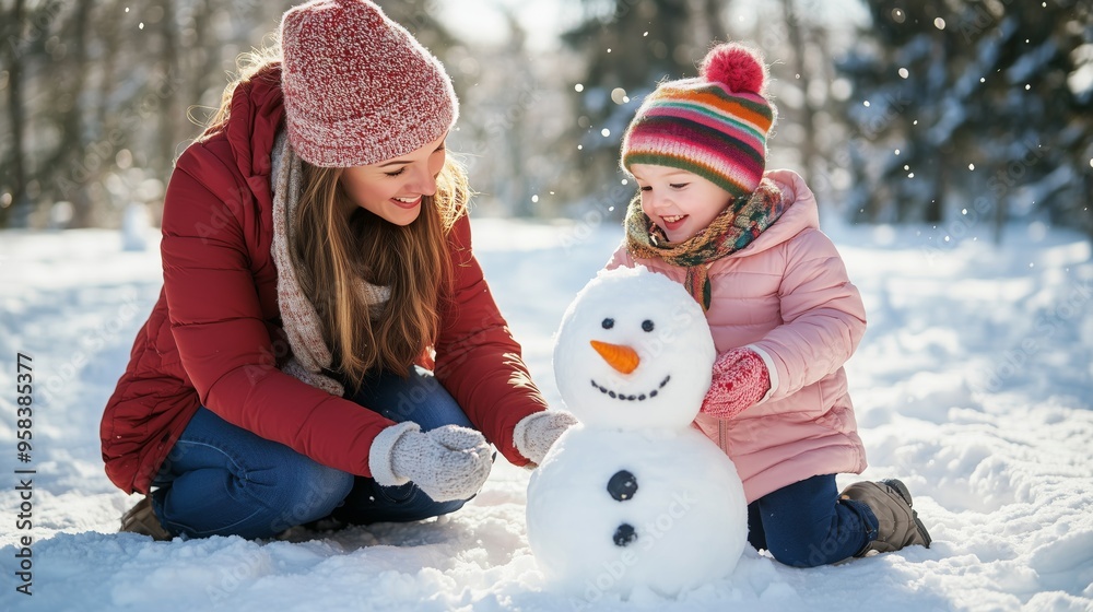 Russian mother and young child happily building snowman together in snowy landscape, symbolizing joy, family bonding, and winter fun. Holiday promotion concept Russian mother and young child happily building snowman together in snowy landscape, symbolizing joy, family bonding, and winter fun. Holiday promotion concept