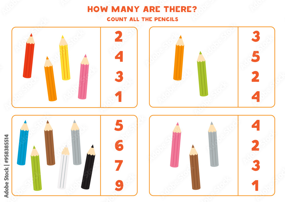 Count all coloured pencils and circle the correct answers. Count all coloured pencils and circle the correct answers.