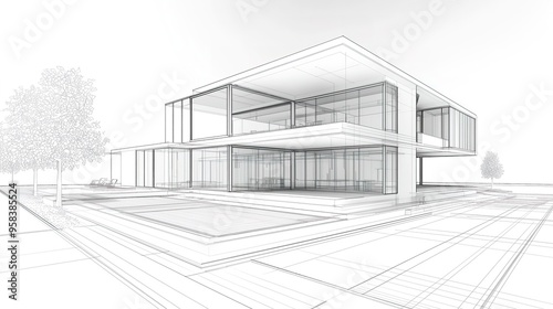 Modern architectural sketch of a minimalist, glass-walled house with a large open space and clean lines.