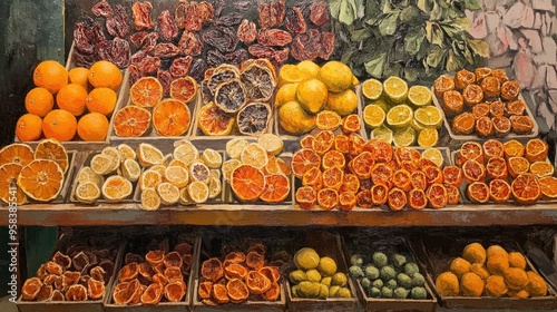 Vibrant oil painting featuring a collection of assorted sun dried fruits arranged on a market display photo