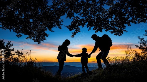 A joyful family moment in silhouette during a vibrant sunset, capturing connection and adventure in nature.