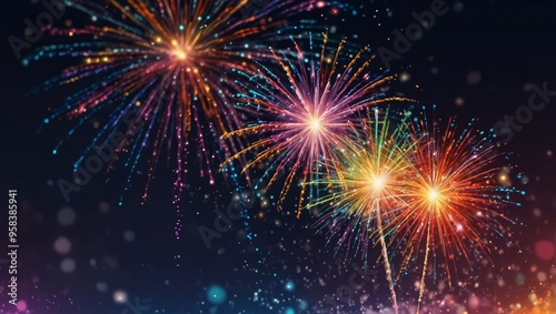 Colorful firework with bokeh background. New Year celebration, Abstract holiday background