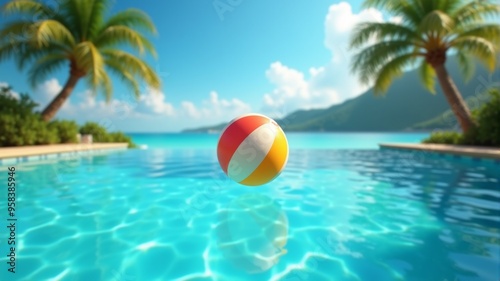 a beach ball is floating in the water with palm trees in the background.