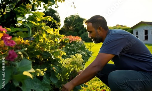 South African Man Gardening in Community Garden Nurturing Plants and Flowers