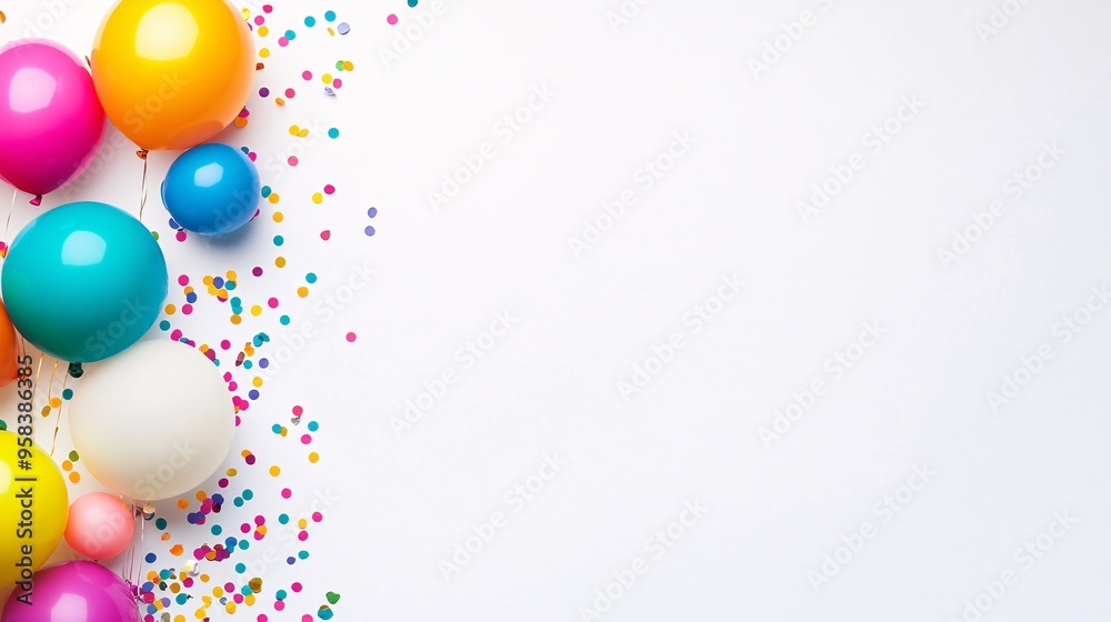 Colorful Celebration Balloons with Confetti on White Background Colorful Celebration Balloons with Confetti on White Background