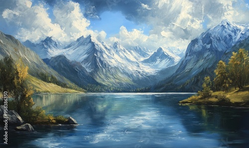 Oil painting depicting a tranquil lake scene surrounded by majestic snow capped mountains