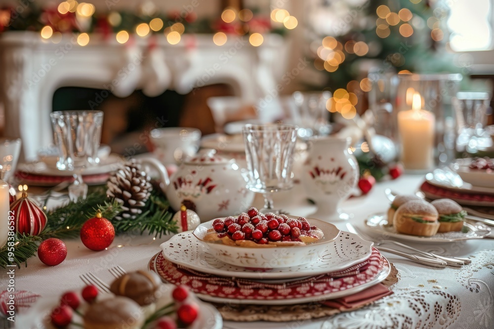 Elegant Christmas Dinner Table Setting with Candles and Festive Decor in Warm Lighting Elegant Christmas Dinner Table Setting with Candles and Festive Decor in Warm Lighting