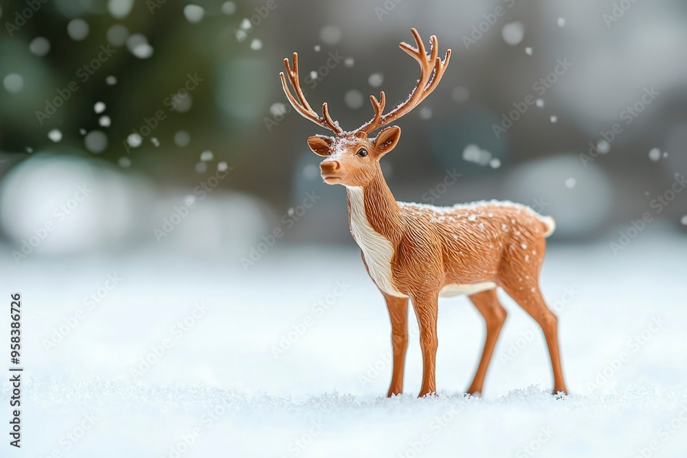 Toy Deer Standing in Snowy Landscape Toy Deer Standing in Snowy Landscape