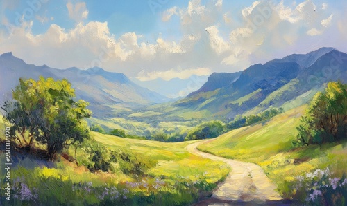 Oil painting depicting a spring hiking adventure through a picturesque valley in a scenic region highlighting the beauty of nature and outdoor exploration