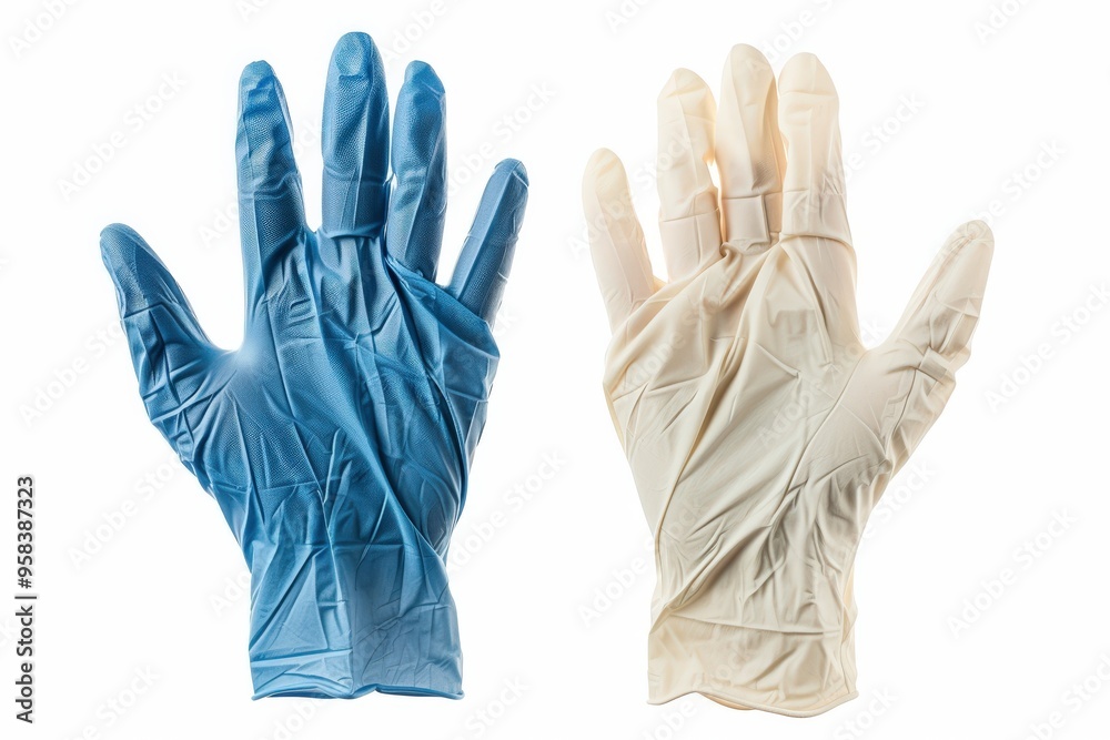 Fototapeta premium Latex Glove. Medical Rubber Glove in White and Blue, Isolated on Air Background