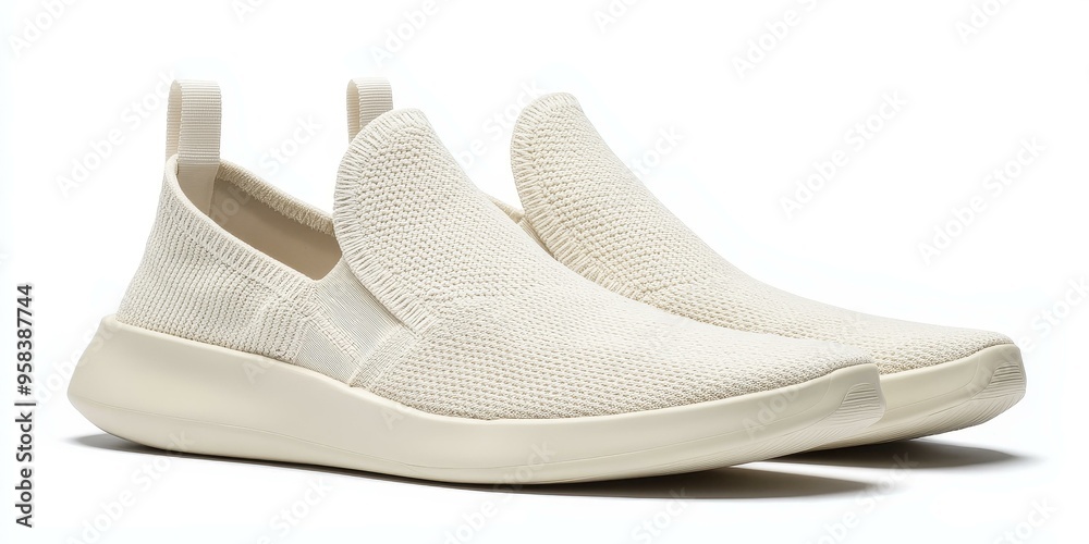 Two white knitted slip-on sneakers. Two white knitted slip-on sneakers.