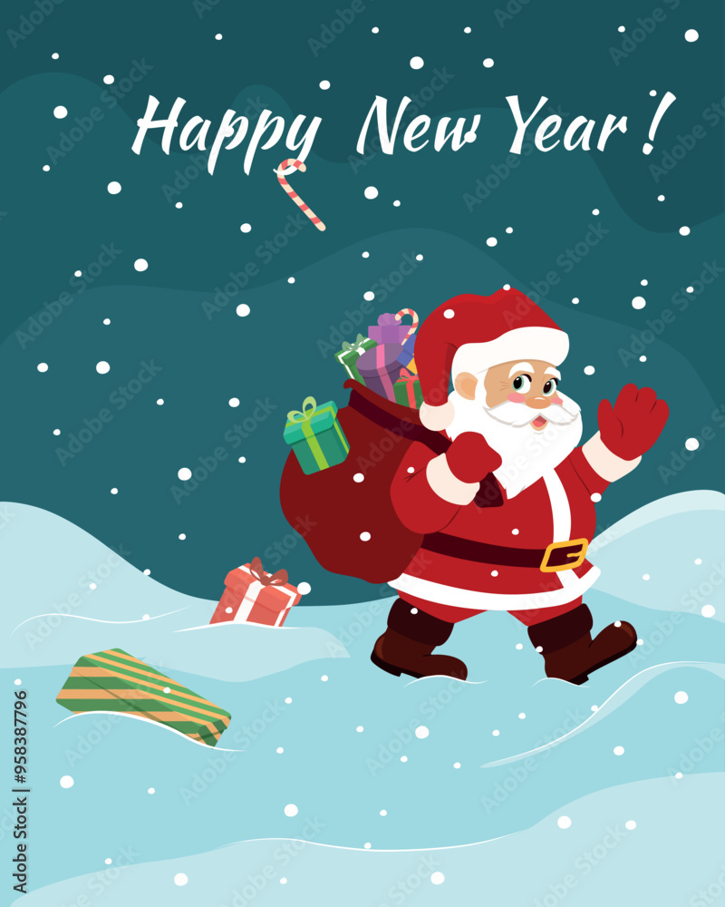 Obraz premium Santa walks along a snowy road and carries a large bag of colorful gifts, there are a lot of gifts, they fall out of the bag into the snow. Vertical format of a greeting card for the Happy New Year