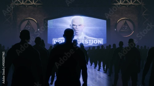 Crowd of people watching a speech by a possibly fascist politician or leader on a giant TV Screen 02
