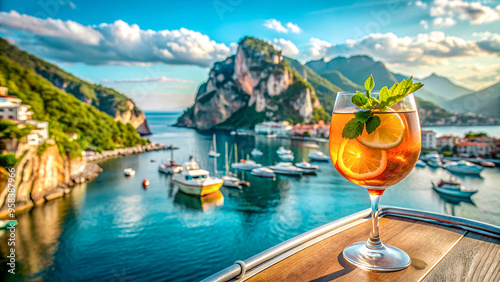 Glamorous mediterranean escape: aperol spritz by the sea with a scenic yacht view ideal for promoting summer getaways, luxury brands, or travel photography portfolios.