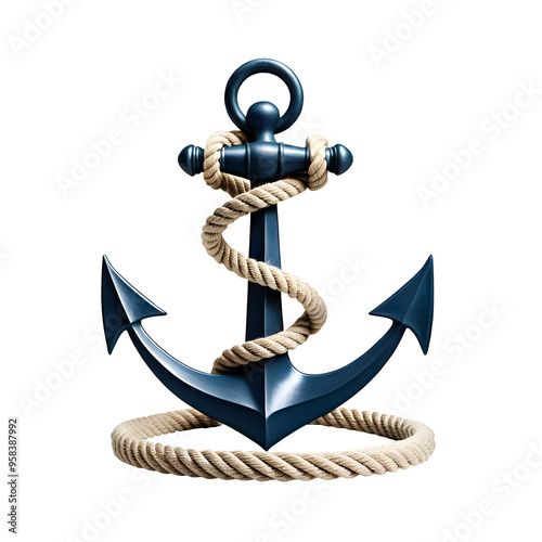 Nautical anchor with rope isolated on a transparent background, perfect for maritime themes, sailing concepts, or marine design projects. The classic symbol adds a strong, sea-inspired element. photo