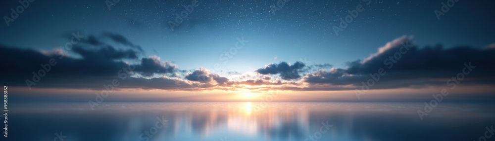 A serene ocean landscape capturing the tranquil beauty of a dawn sky with soft clouds and a reflective water surface. A serene ocean landscape capturing the tranquil beauty of a dawn sky with soft clouds and a reflective water surface.