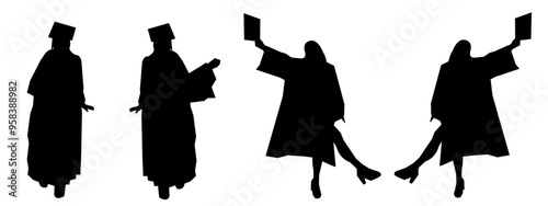 silhouette set of graduated. different poses, isolated on white background,graduated, university, college. vector illustration.