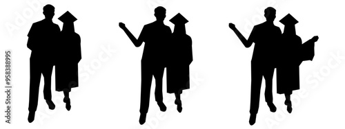 silhouette set of graduated. different poses, isolated on white background,graduated, university, college. vector illustration.
