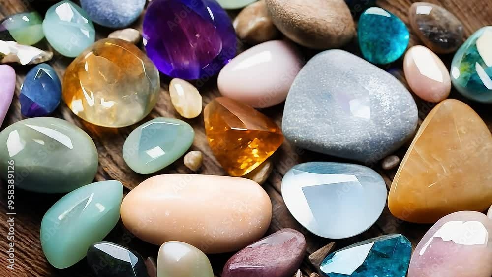 Gorgeous detailed pastel precious stones. Serene background of pastel rounded pebbles. Top view of different colourful natural gem stones crystals Gorgeous detailed pastel precious stones. Serene background of pastel rounded pebbles. Top view of different colourful natural gem stones crystals