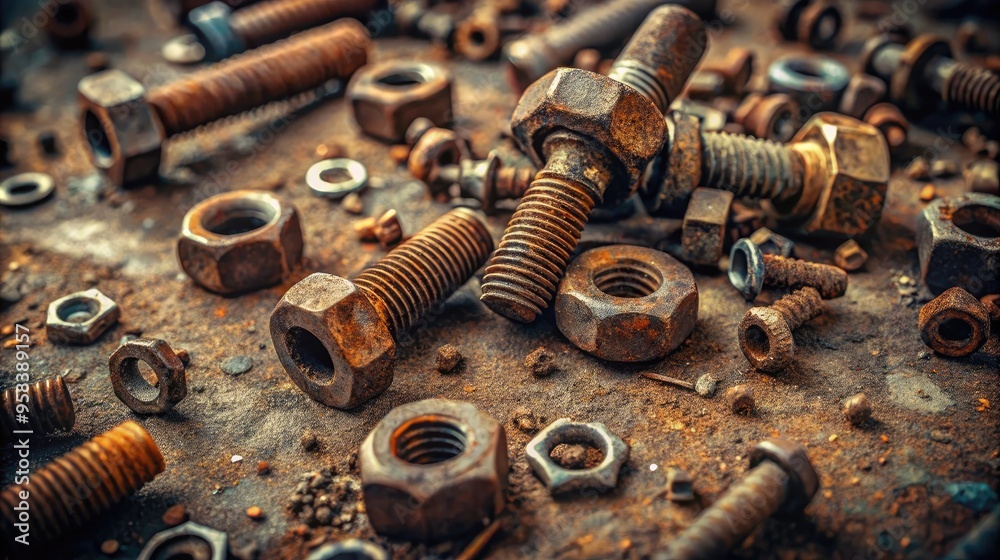 Rusty nuts and screws on dusty floor with vintage style for mechanical or recycle concept Rusty nuts and screws on dusty floor with vintage style for mechanical or recycle concept