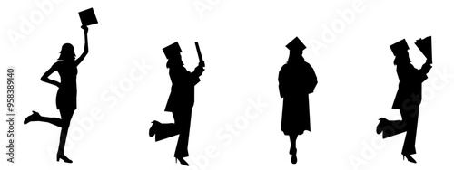 set vector silhouettes of graduation. different poses, isolated on white background,graduated, university, college. vector illustration.