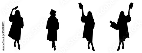 set vector silhouettes of graduation. different poses, isolated on white background,graduated, university, college. vector illustration.