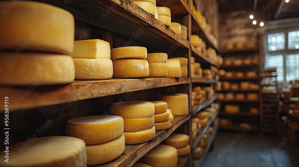 An inviting cheese cellar showcasing various wheels of yellow cheese arranged on wooden shelves, ideal for culinary artistry.