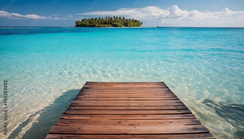 Fototapeta premium wooden pier extending into clear turquoise waters, small tropical island, clear sky with a few clouds, serene and peaceful setting, relaxation or vacation concept