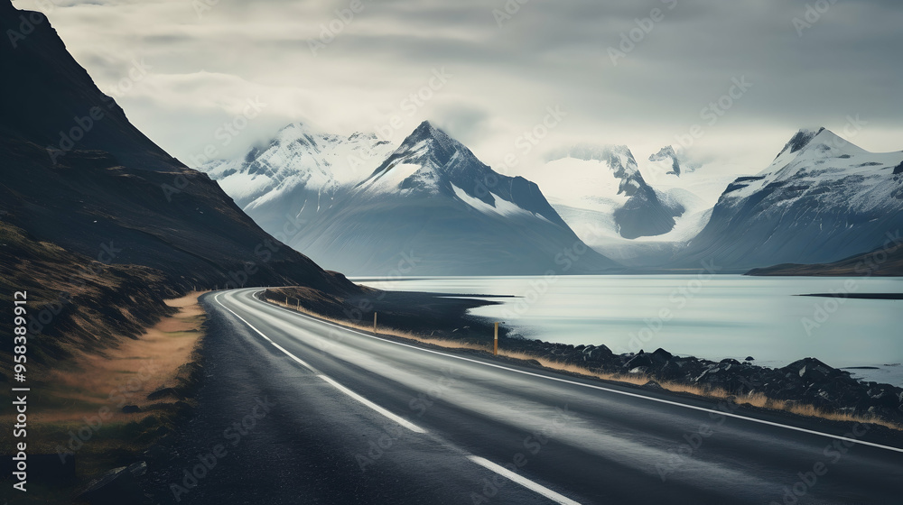 Mountain road with a view of a glacier, Mountain road with a view of a glacier,