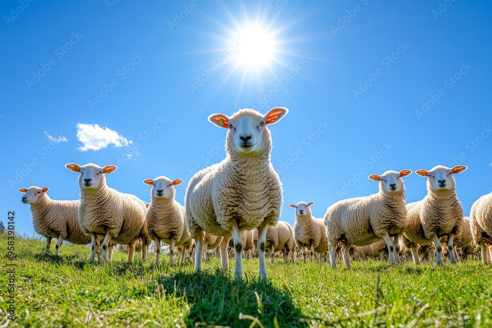 Large herd of sheep peacefully grazing on lush green field under a bright blue sky. Flock of sheep Large herd of sheep peacefully grazing on lush green field under a bright blue sky. Flock of sheep