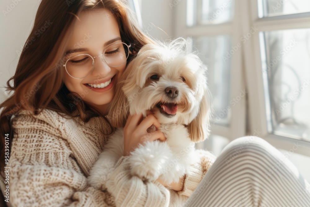 Joyful young woman relaxing with her fluffy dog on a sunny day indoors Joyful young woman relaxing with her fluffy dog on a sunny day indoors