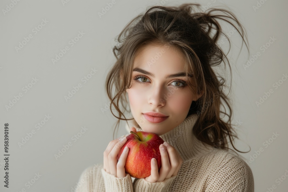 Woman in cozy sweater holding red apple with gentle expression Woman in cozy sweater holding red apple with gentle expression