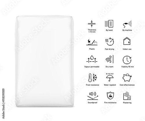Vertical big heavy bag mockups for chemical products with set icons. High realistic vector illustration isolated on white background. Ready for use in presentation, promo, advertising and more. EPS10.