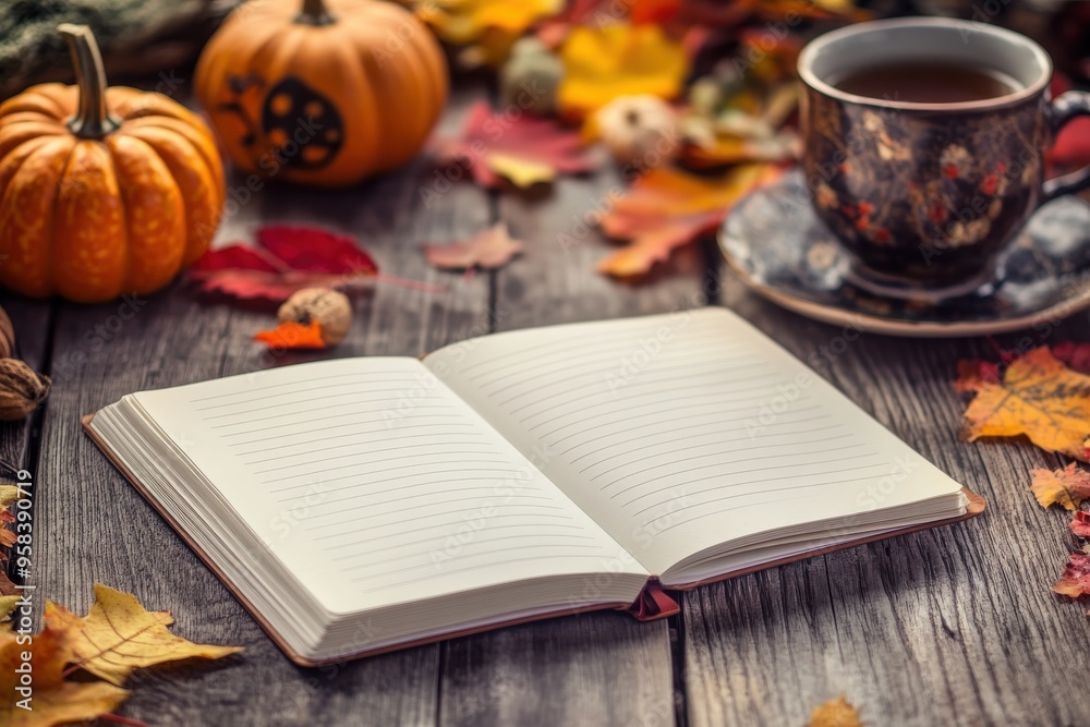 Fototapeta premium Open notebook with pumpkins and a coffee cup on a wooden table, decorated with autumn leaves