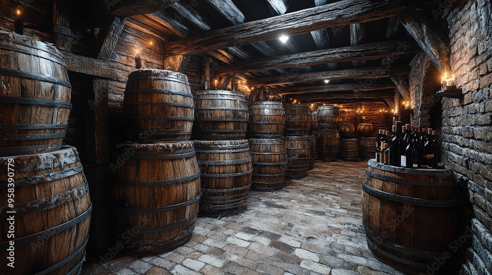Atmospheric cellar with wooden barrels, showcasing rustic charm and vintage appeal, perfect for wine storage and heritage design. Atmospheric cellar with wooden barrels, showcasing rustic charm and vintage appeal, perfect for wine storage and heritage design.