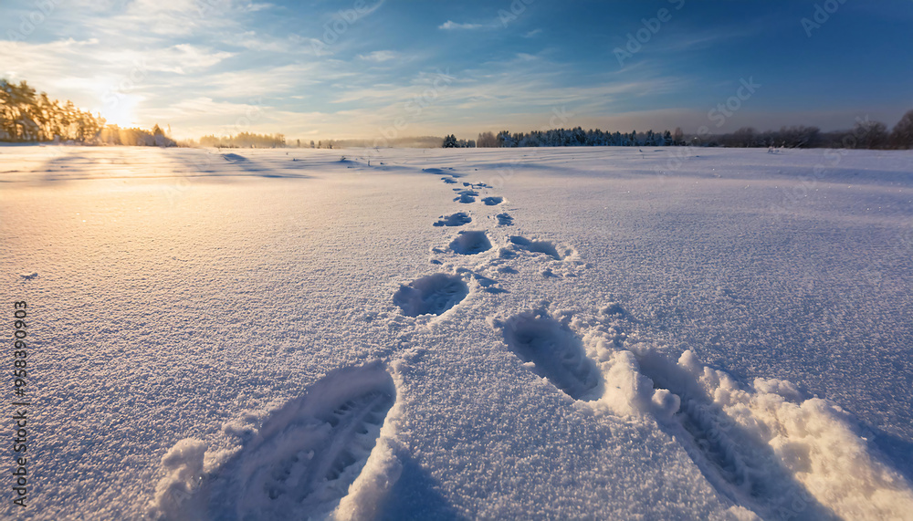 A Single Set of Boots Leaving Imprints in Powdery Snow - Peaceful Winter Morning Background A Single Set of Boots Leaving Imprints in Powdery Snow - Peaceful Winter Morning Background
