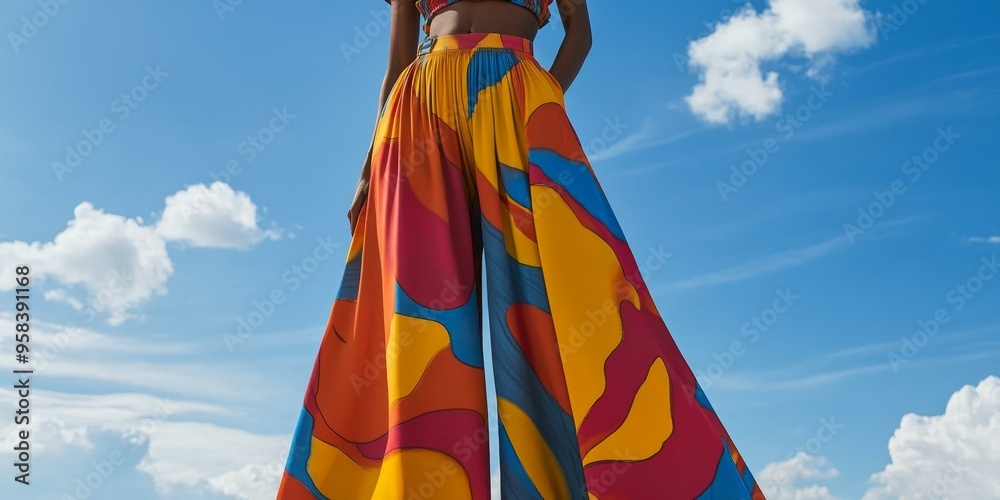 Fototapeta premium Colorful patterned pants against a blue sky.