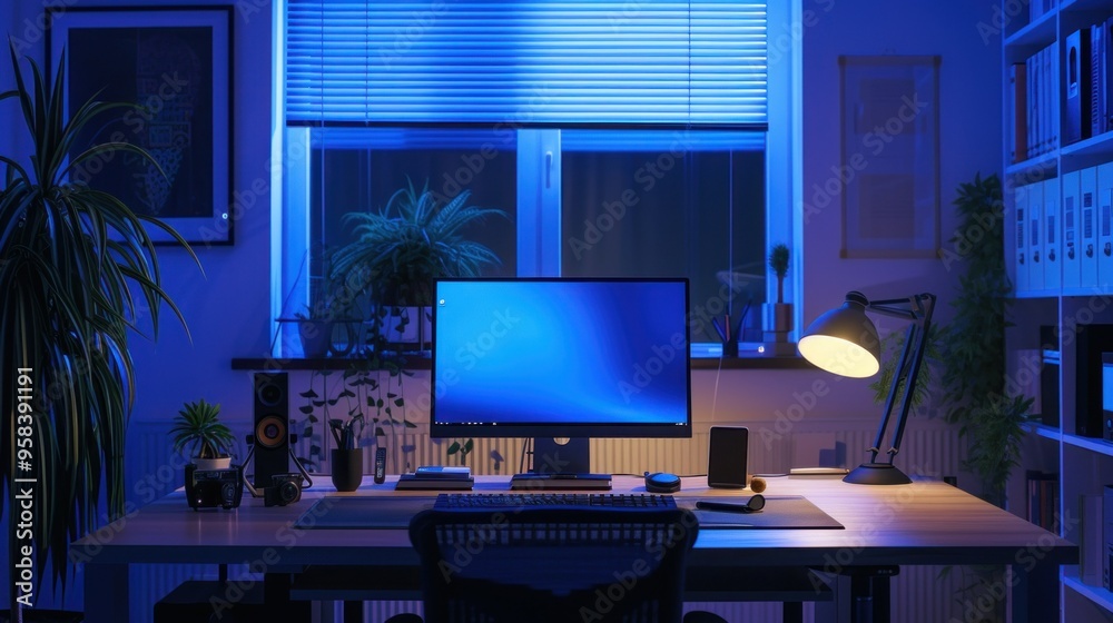 Illuminated pendant light over desk with computer at home Illuminated pendant light over desk with computer at home