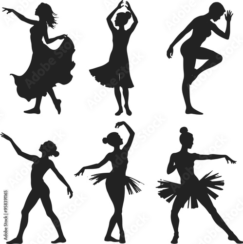 A beautiful collection of six black silhouettes depicting dancers in various ballet poses.