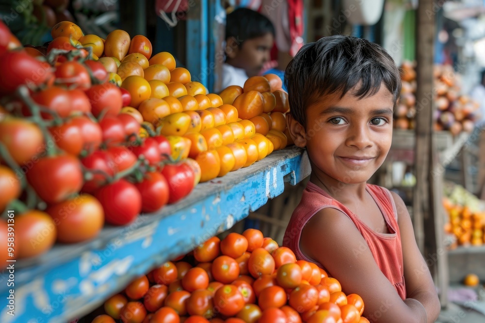 Fototapeta premium A young boy smiles warmly while standing beside a colorful display of red and yellow tomatoes at a local market