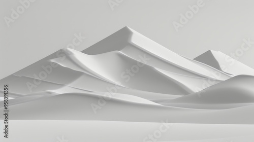 Abstract Minimalistic Landscape, White Mountain Peaks, Geometric Shapes, 3D Rendering