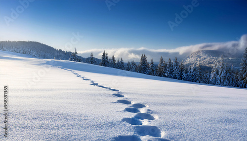 Traces in the Snow: A Trail of Small Animal Tracks Across a Freshly Fallen Snowfield - Quiet Winter Landscape Background