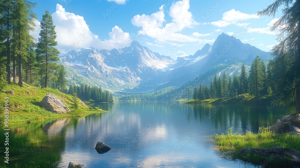 Fototapeta premium Breathtaking landscape featuring a serene lake surrounded by majestic mountains and lush greenery under a clear blue sky.