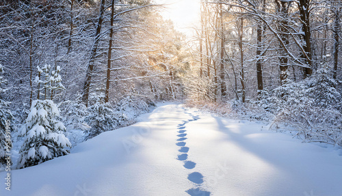 Traces in the Snow: Gentle Footprints Leading Through a Snow-Covered Forest Path - Serene Winter Wilderness Background photo