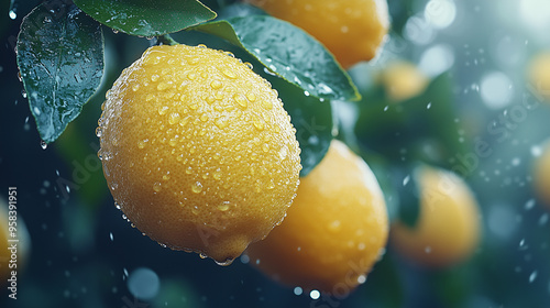 Close-up of lemons on a tree, with water droplets on them.