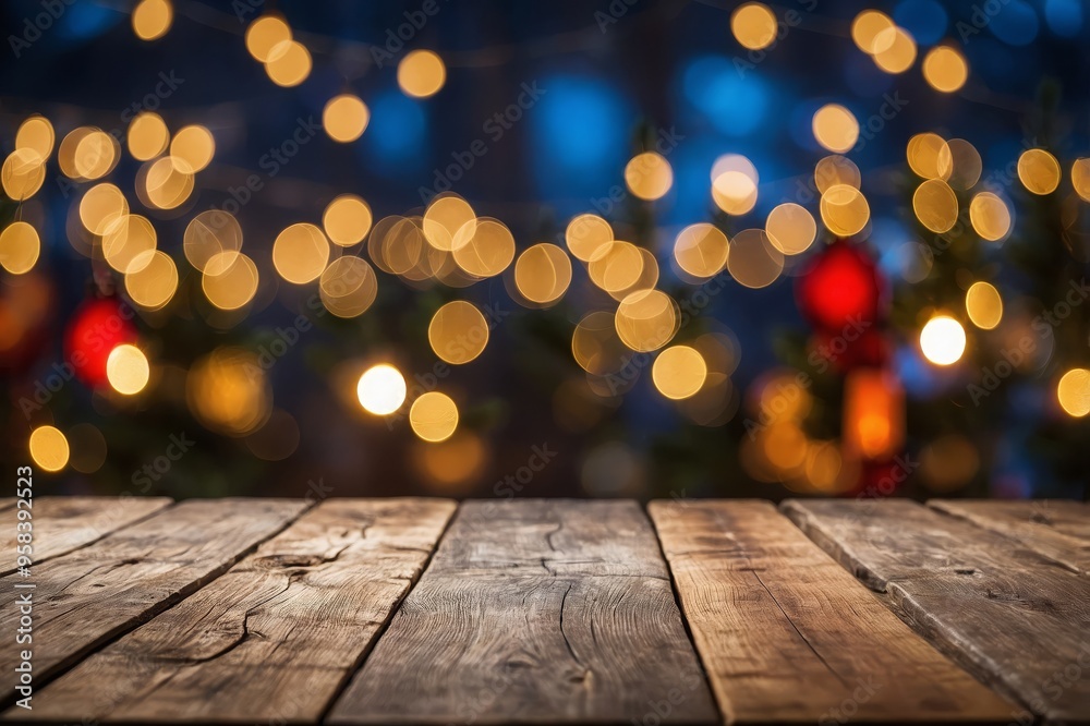 Empty wooden table with Christmas theme in background Empty wooden table with Christmas theme in background
