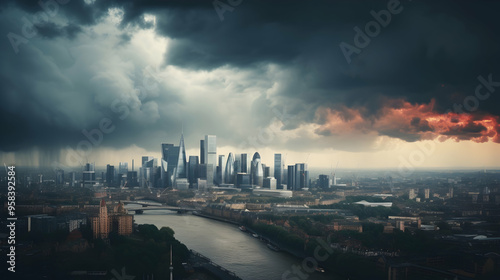 Rainclouds parting over a city skyline,