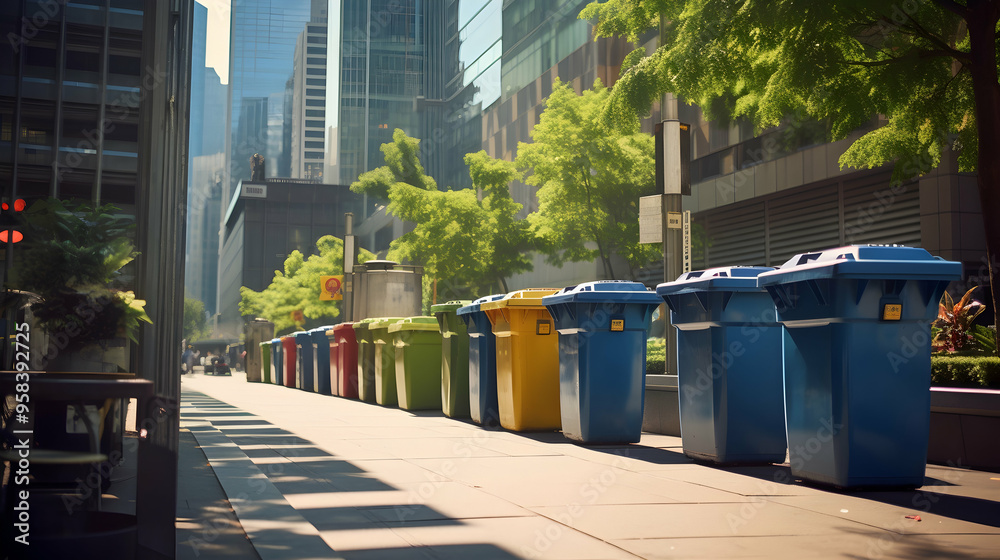 Recycling bins in a cityscape, Recycling bins in a cityscape,