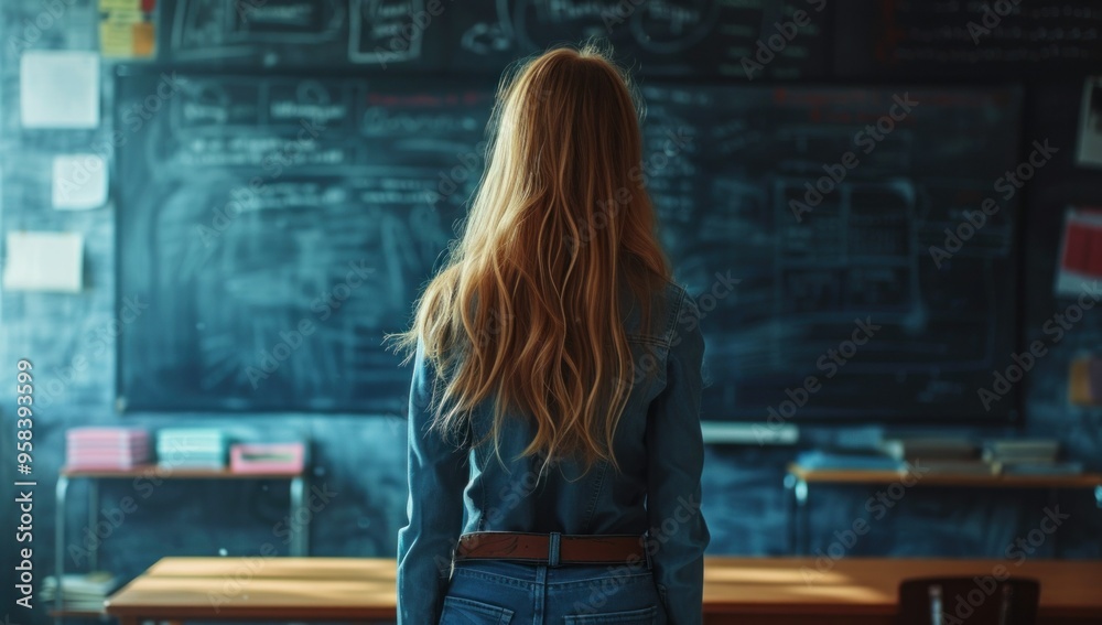 A woman stands before a blackboard with the word properties A woman stands before a blackboard with the word properties